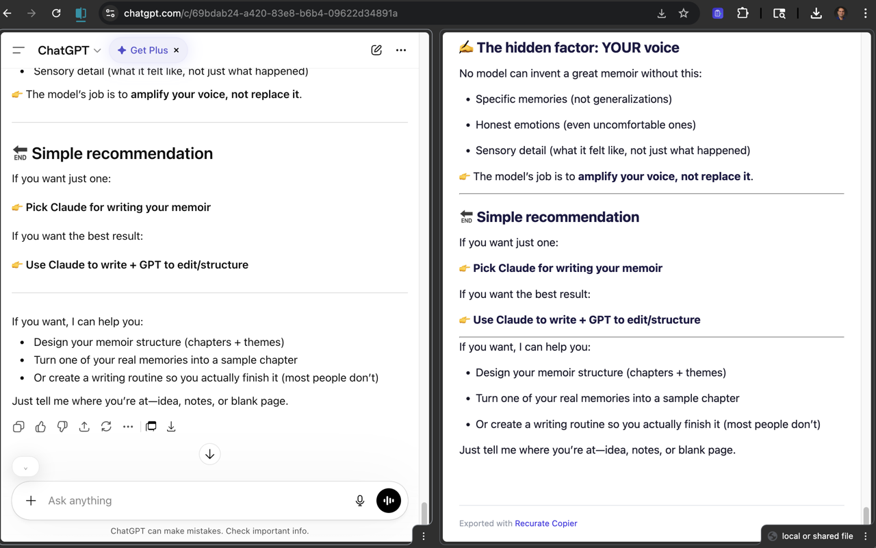 Recurate Copier — ChatGPT conversation exported as styled HTML